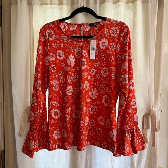 NWT Womens Medium J. Crew Floral Blouse Long Sleeve Flounce Wrist Button Back - Picture 1 of 3